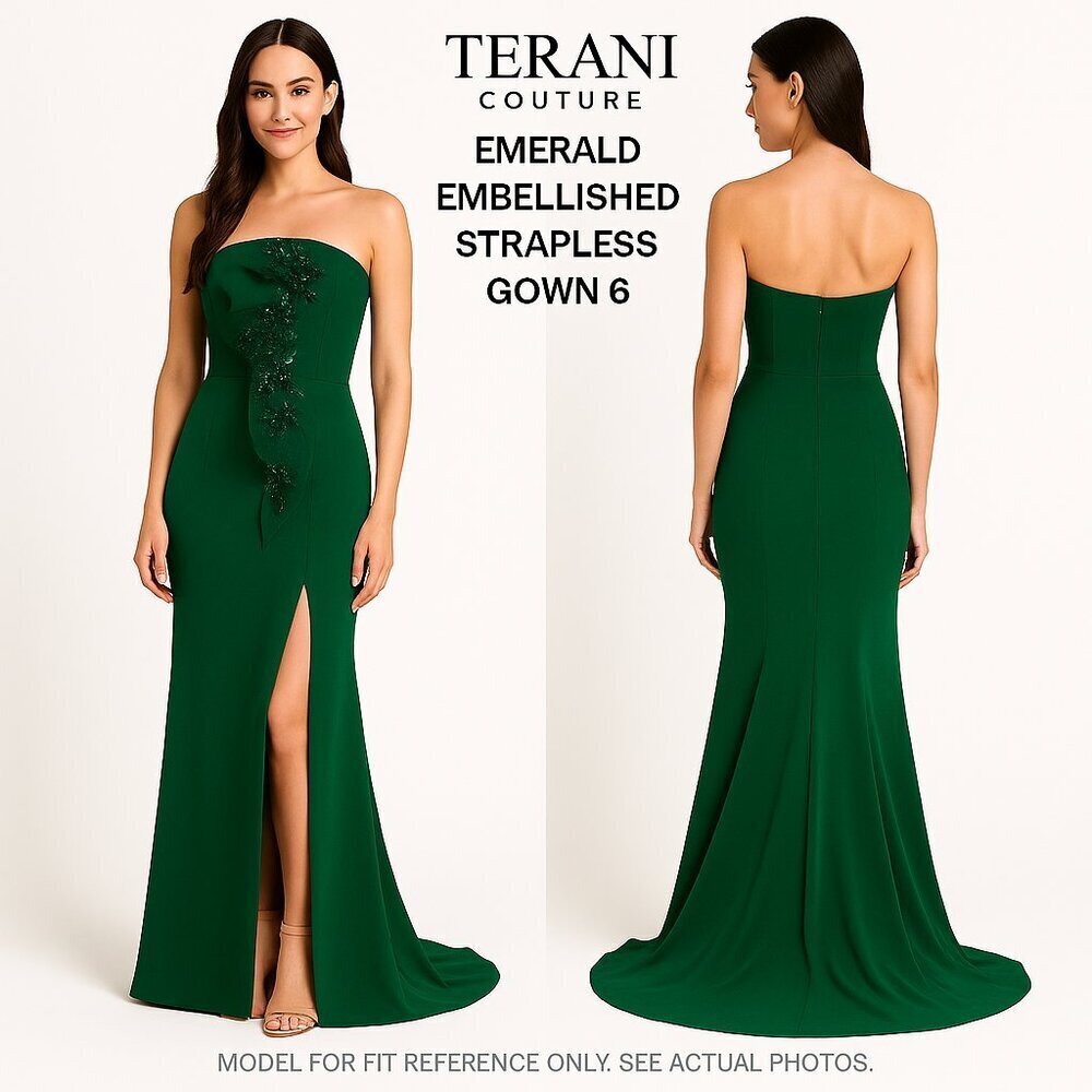 Terani Couture Embellished Dark Green Strapless Maxi Dress Sz 6
